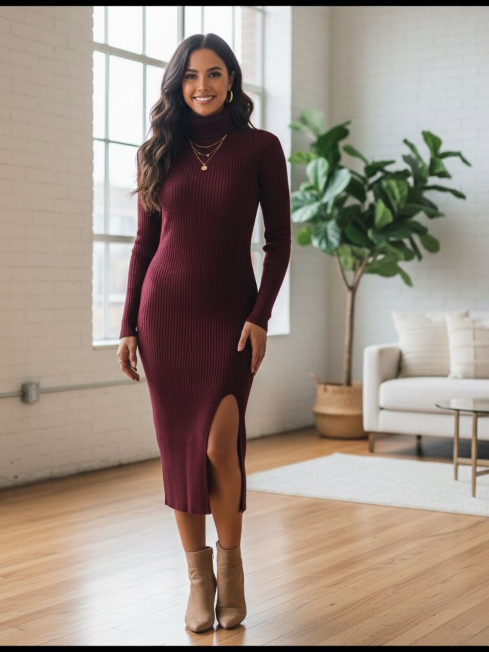 Open Edit Ribbed Turtleneck Sweater Dress Burgundy XS NWOT Bodycon Midi Dress